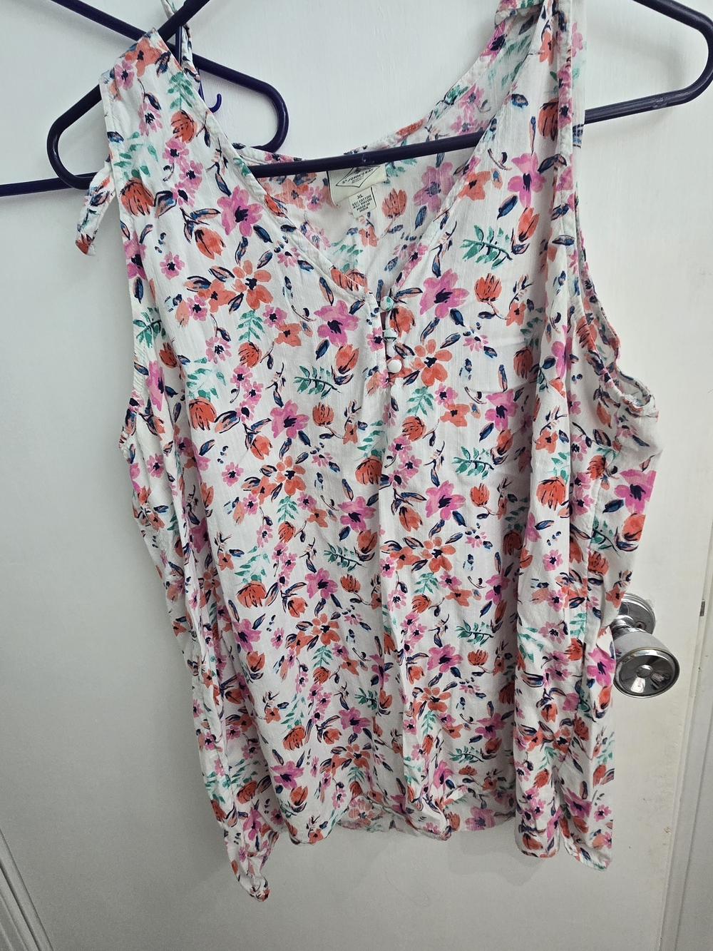 St. John's Bay White Floral Tie-Shoulder Camisole with Pink & Orange Blooms